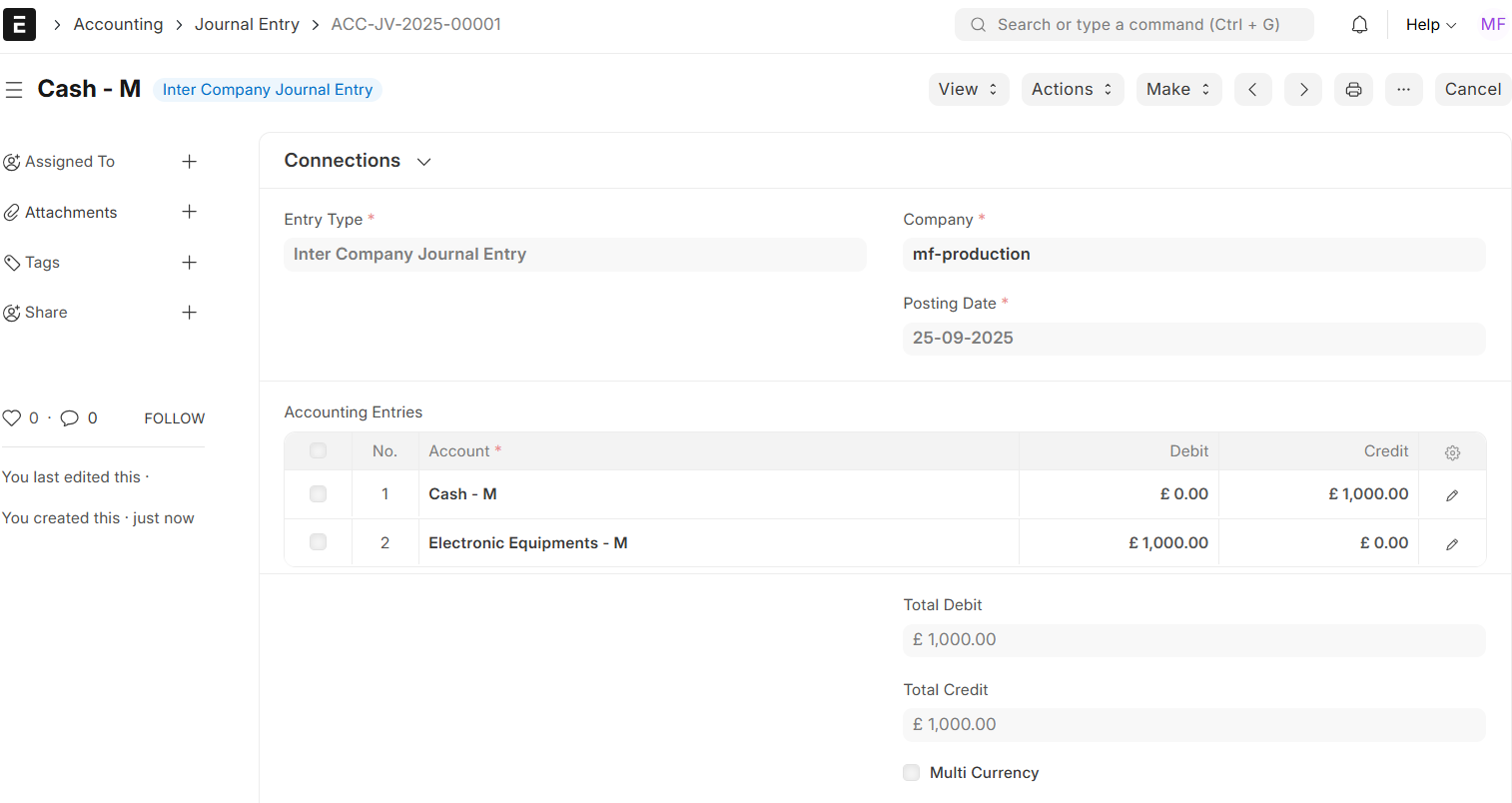 Inter Company Journal Entry