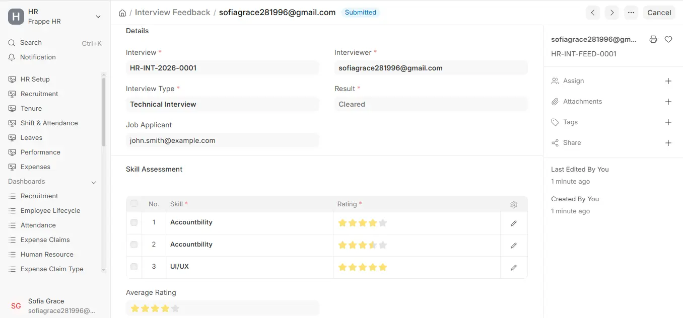 Submitted Interview Feedback in ERPNext HR showing interview type, result Cleared, skill ratings and average rating
