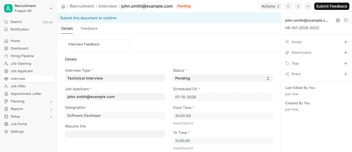 Interview form in ERPNext HR with interview type, job applicant, scheduled date, time and Submit Feedback button