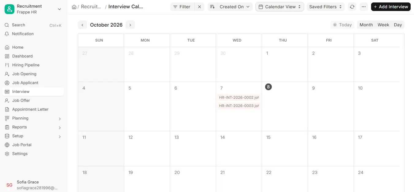 Interview Calendar in ERPNext HR with October 2026 month view, scheduled interviews and the Add Interview button