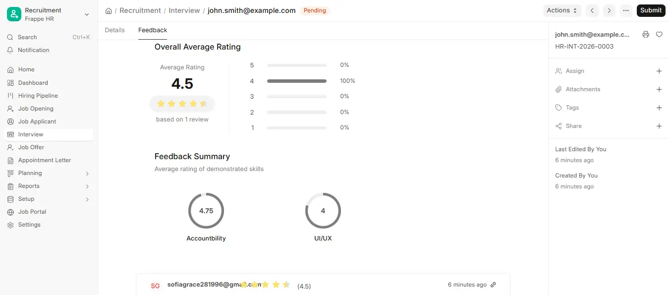 Interview Feedback tab in ERPNext HR showing overall average rating, rating breakdown and feedback summary by skill