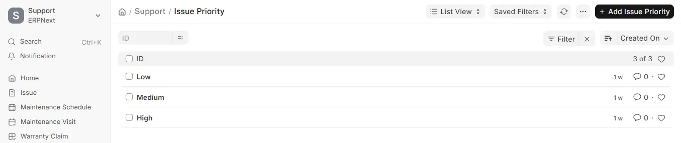 Issue Priority list view in ERPNext Support with three default priority records