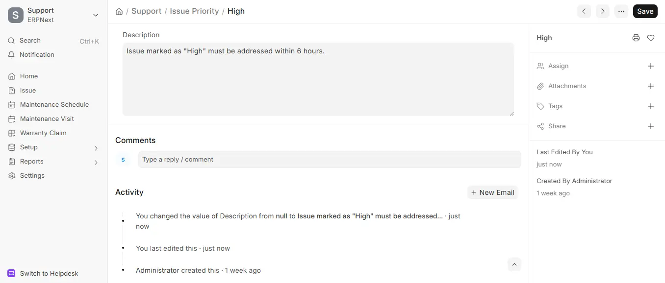 High priority Issue setting in ERPNext Support with description