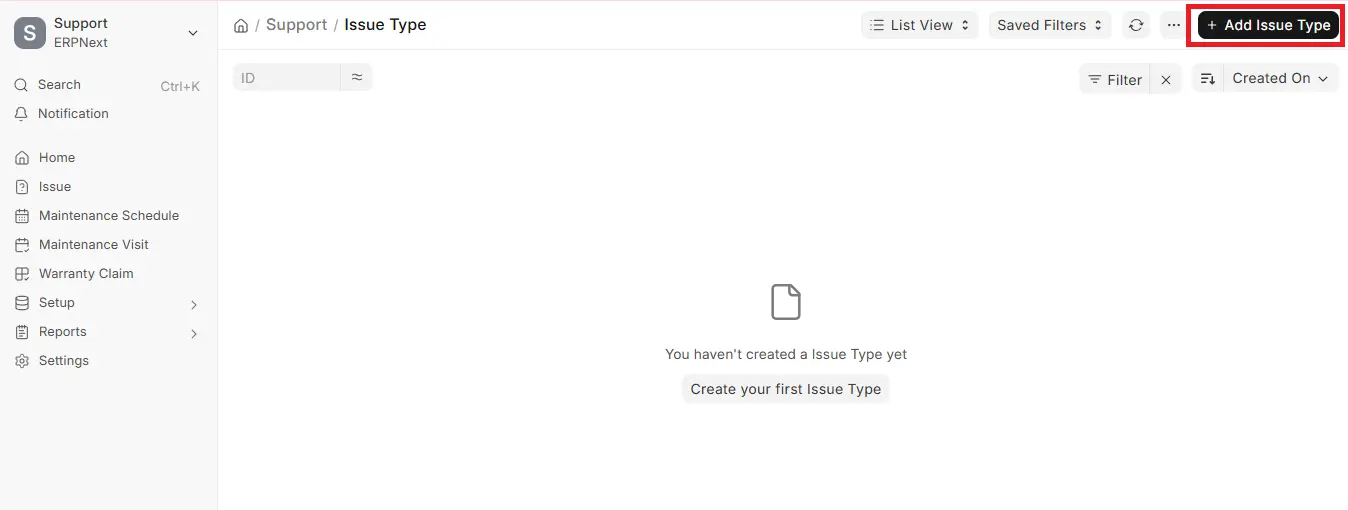 Issue Type list view in ERPNext Support module before creating any records