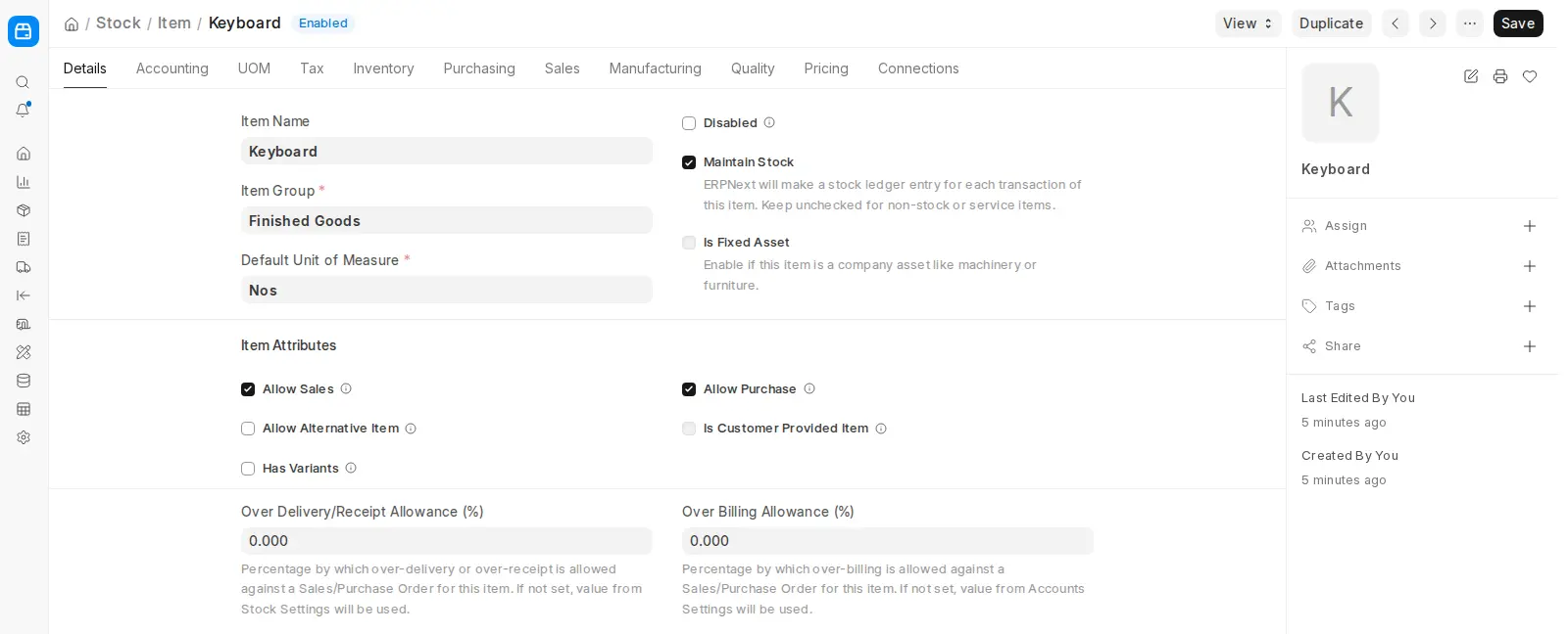 ERPNext Item Details tab showing Keyboard item basic settings