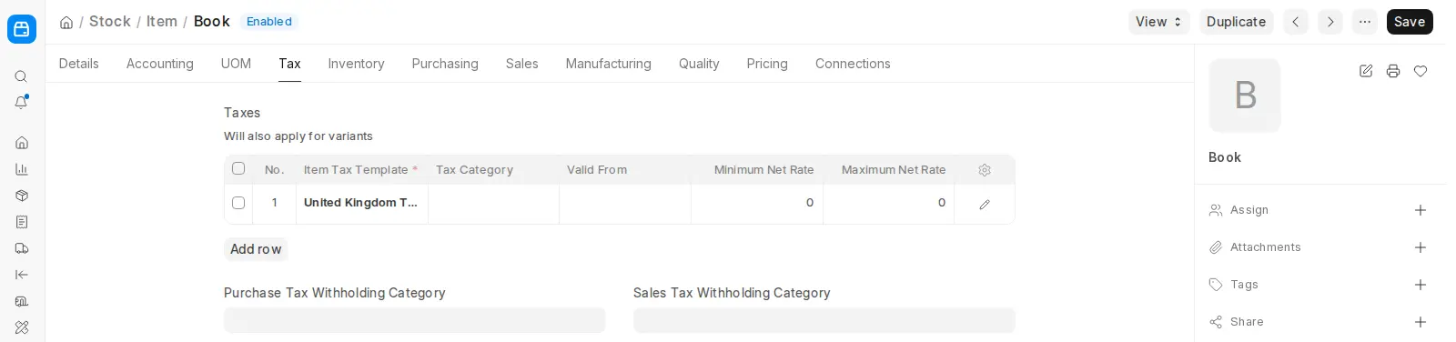 Tax tab of an Item in ERPNext showing the Item Tax Template table with tax category, valid from date and net rate range