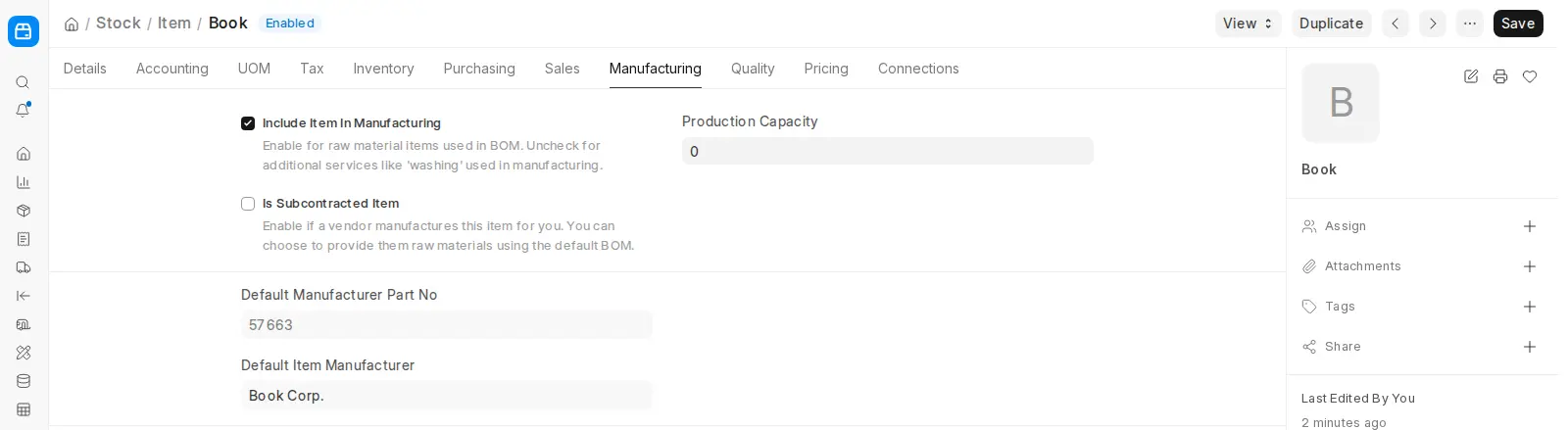 ERPNext item configuration showing include in manufacturing checkbox