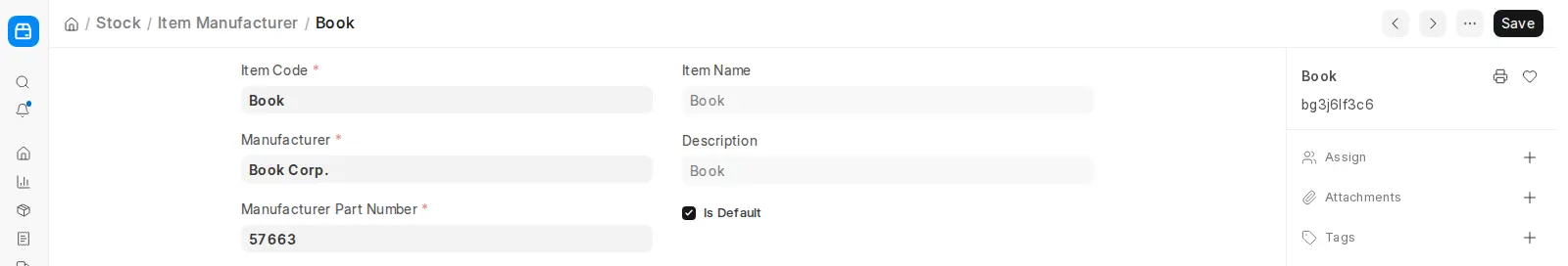 ERPNext Item Manufacturer record showing manufacturer and part number