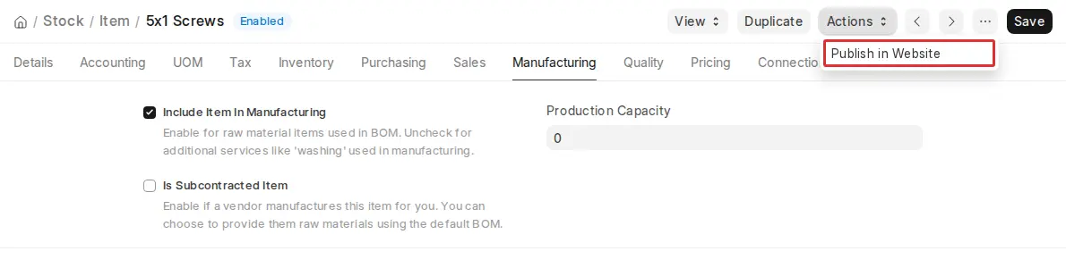 ERPNext item manufacturing tab showing publish in website action