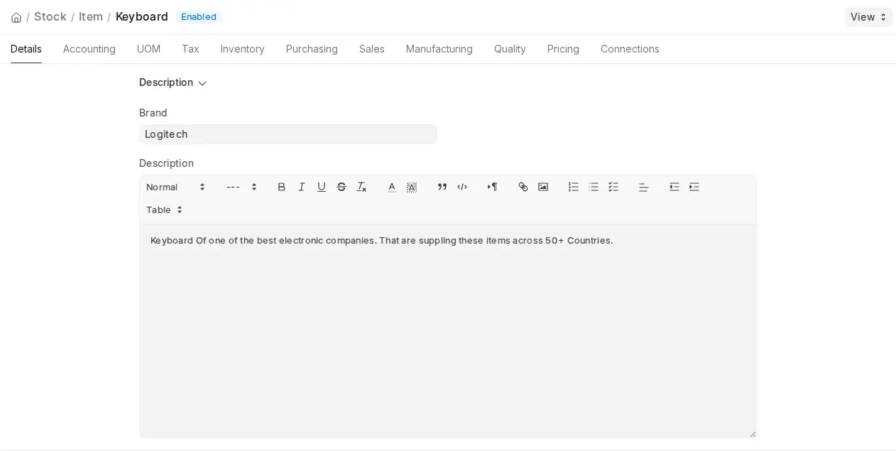 ERPNext Keyboard item description field showing Logitech brand