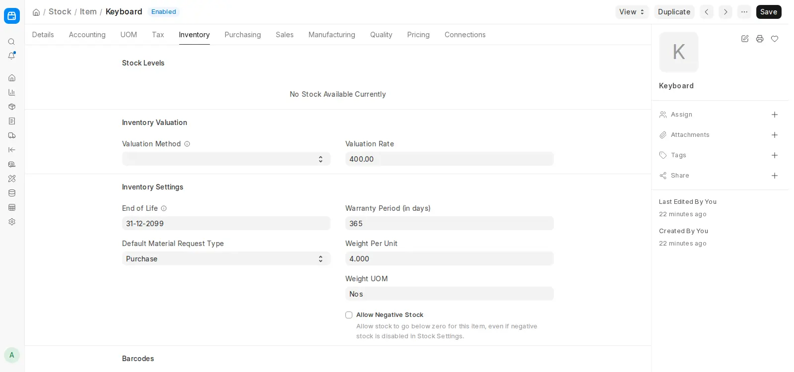 ERPNext Item Inventory tab showing valuation rate and warranty settings
