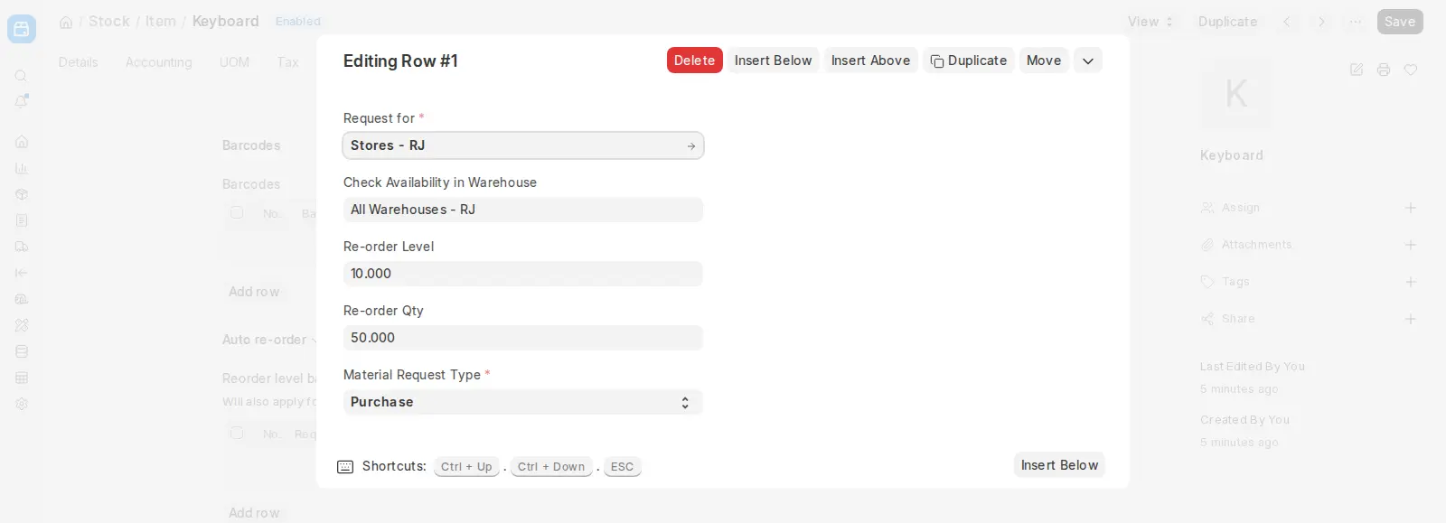 ERPNext Item Auto Re-order row showing reorder level and quantity