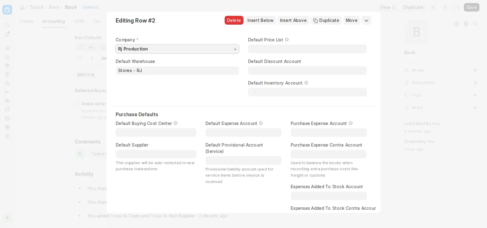 Setting default accounts for an item in ERPNext accounting tab