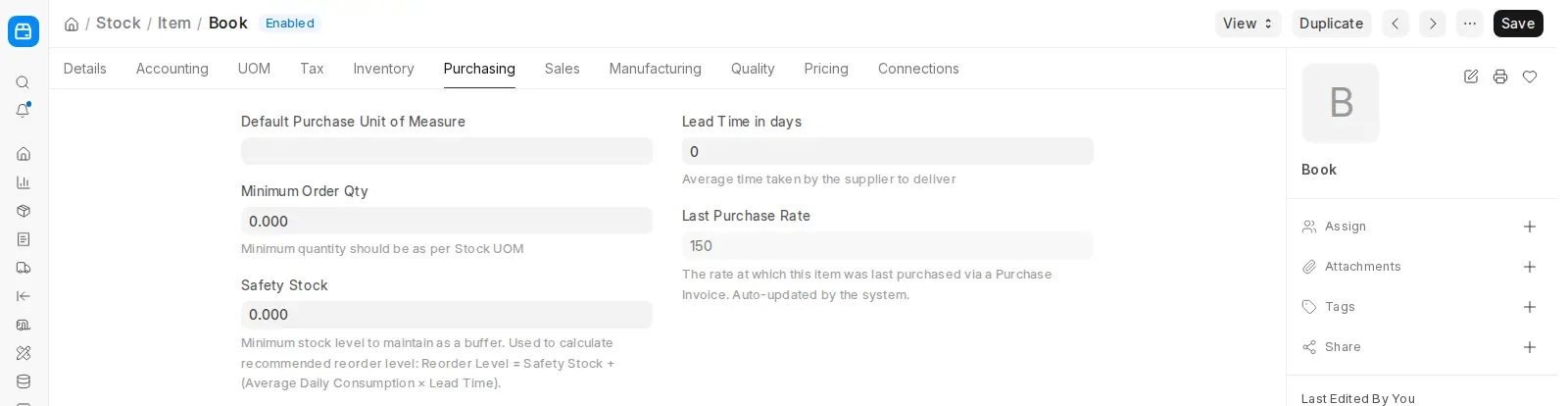 ERPNext Item Purchasing tab showing safety stock and lead time