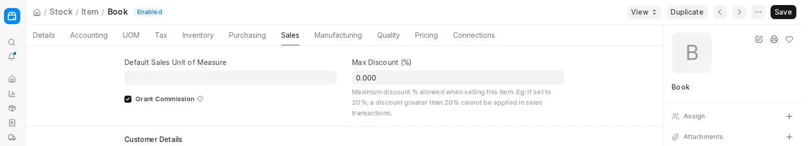 ERPNext Item Sales tab showing max discount and grant commission