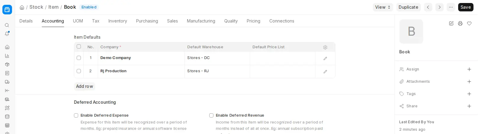 ERPNext item accounting settings showing deferred expense and revenue options