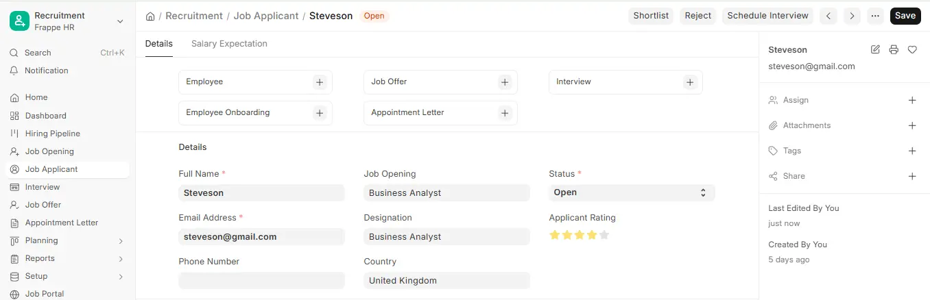 Job Applicant in ERPNext HR with job opening, designation, applicant rating and Shortlist, Reject, Schedule Interview buttons