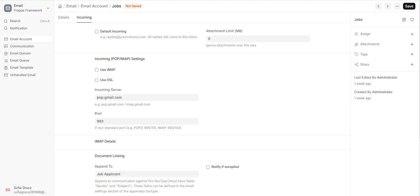 Incoming tab of an Email Account in ERPNext showing POP/IMAP server settings, port and Append To Job Applicant