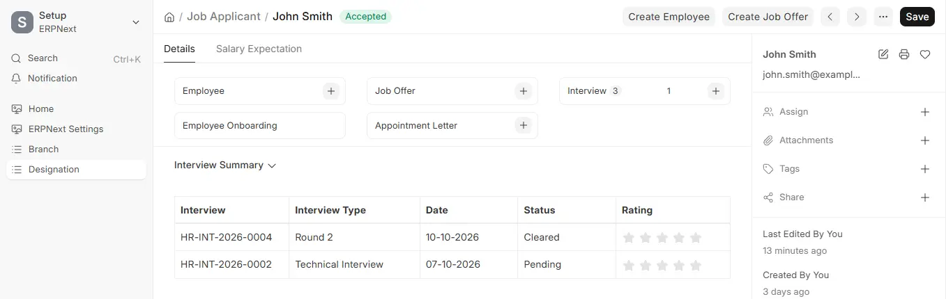 Accepted Job Applicant in ERPNext HR with Create Employee and Create Job Offer buttons and an Interview Summary table
