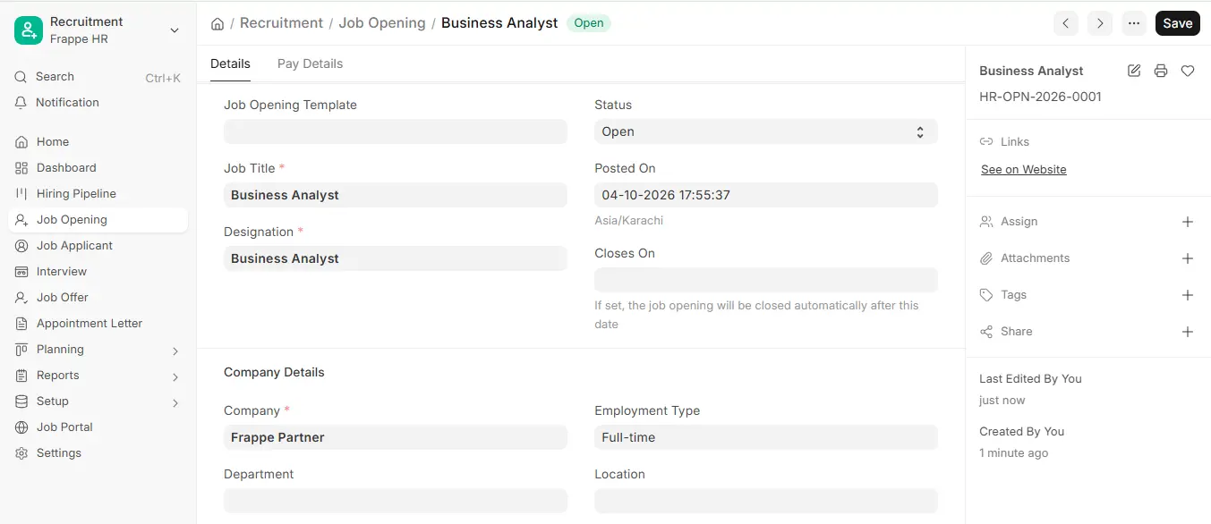 Frappe HR Job Opening form for Business Analyst with Open status, designation, company, employment type and closes on date