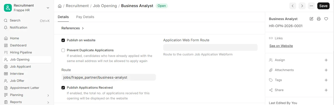 Frappe HR Job Opening with Publish on website checked, prevent duplicate applications option, route and publish applications received settings