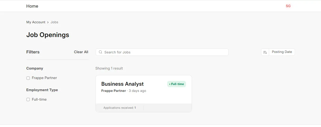 Job Portal in ERPNext HR listing a published Business Analyst job opening with company and employment type filters