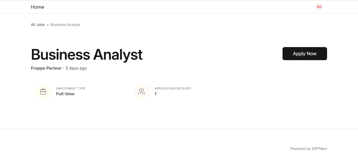 Business Analyst job opening page in ERPNext HR Job Portal with employment type, applications received and Apply Now button