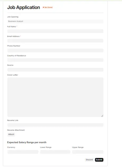Job Application form opened from the ERPNext HR Job Portal for Business Analyst with resume attachment and Submit button