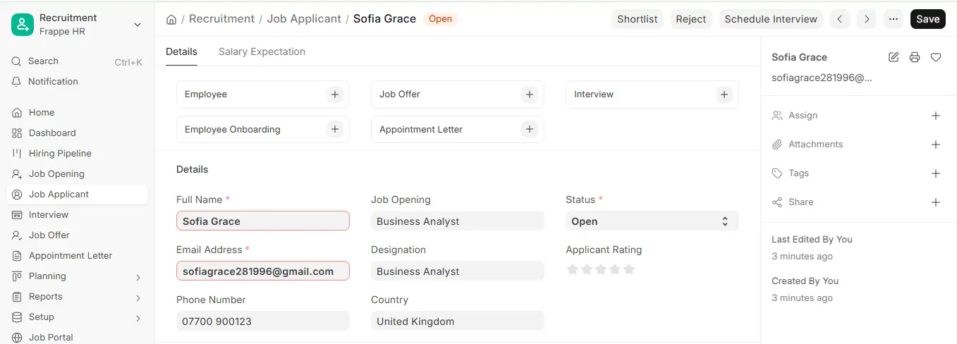 Job Applicant record in ERPNext HR with Shortlist, Reject and Schedule Interview buttons, job opening, designation and status