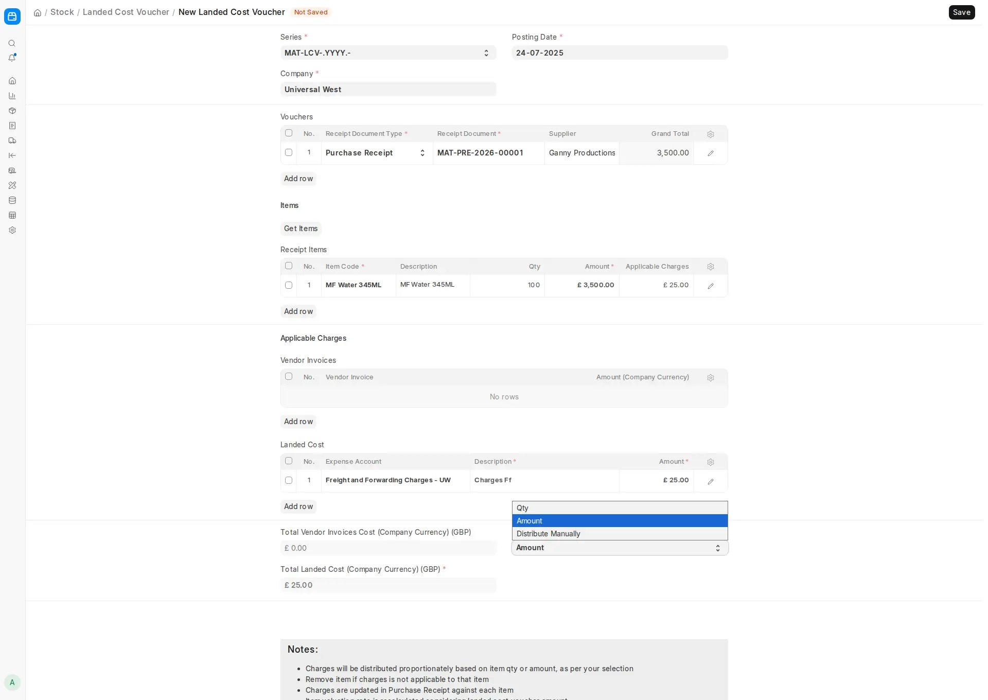 ERPNext Landed Cost Voucher form with charges distribution dropdown