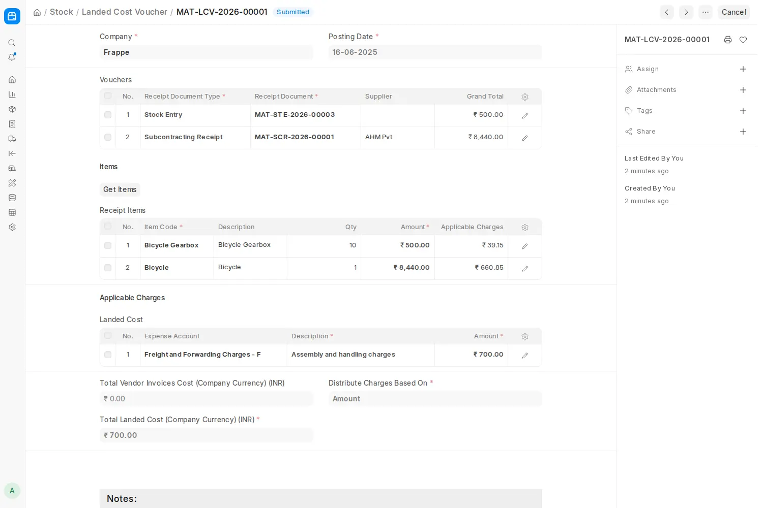 Submitted Landed Cost Voucher in ERPNext with distributed applicable charges
