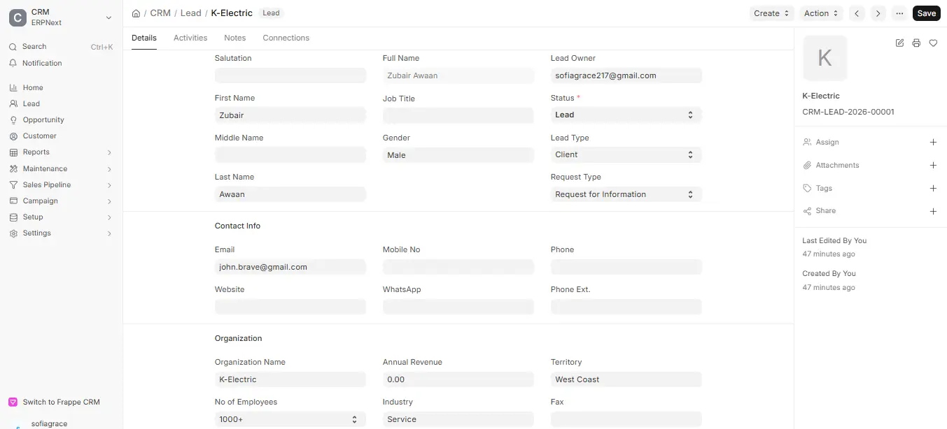 K-Electric Lead record in ERPNext CRM with personal, contact, and organization information