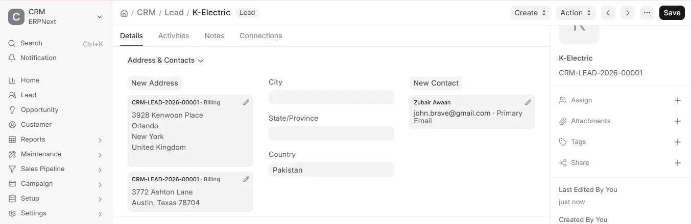 ERPNext CRM Lead K-Electric showing two billing addresses and primary contact details