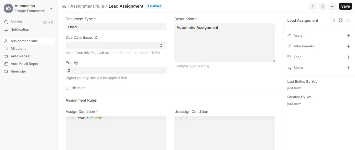 ERPNext Assignment Rule for Lead showing status condition and priority settings