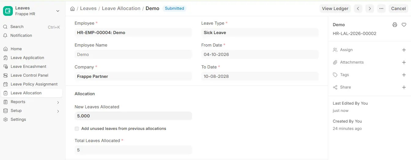 Frappe HR Leave Allocation with Submitted status showing employee, sick leave type, date range and total leaves allocated