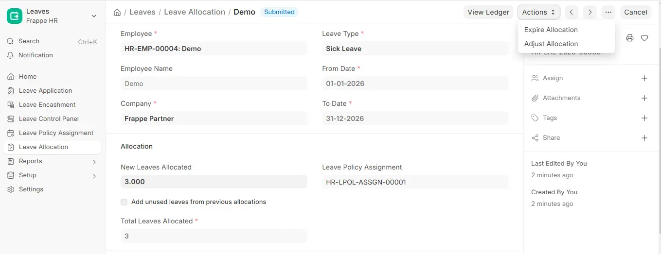 Frappe HR Leave Allocation with Actions menu open showing Expire Allocation and Adjust Allocation options