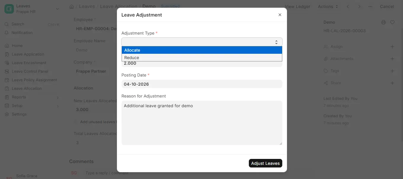 Frappe HR Leave Adjustment popup with adjustment type dropdown showing Allocate and Reduce, leaves to adjust and reason for adjustment