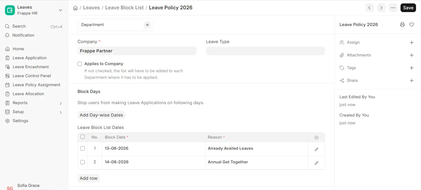 Leave Block List in ERPNext HR showing company, applies to company option and block dates with reasons