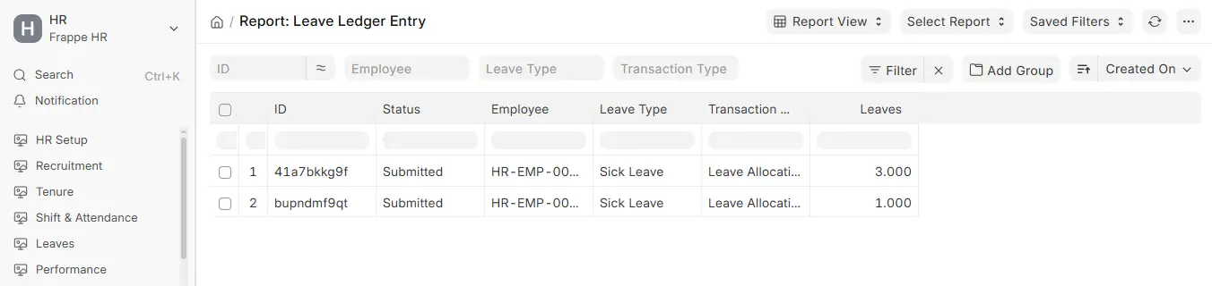 Leave Ledger Entry report view in ERPNext HR showing employee, leave type, transaction type and leaves columns