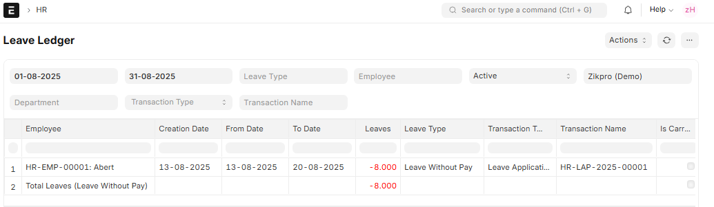 Leave Ledger Report