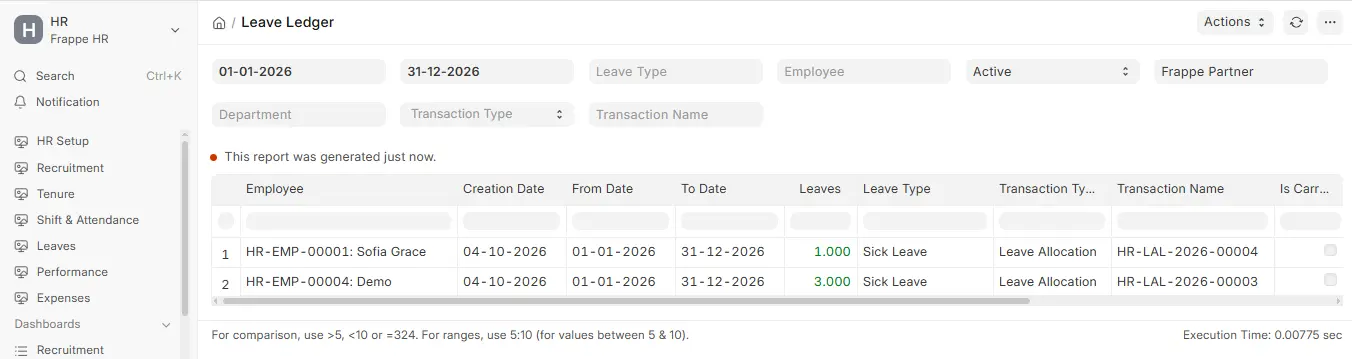 Leave Ledger report in ERPNext HR showing employee leave allocations, leave type, dates and transaction details