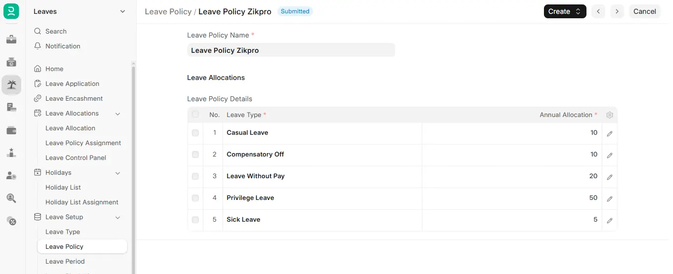 Leave Policy in ERPNext HR showing leave policy name and leave policy details with leave types and annual allocation