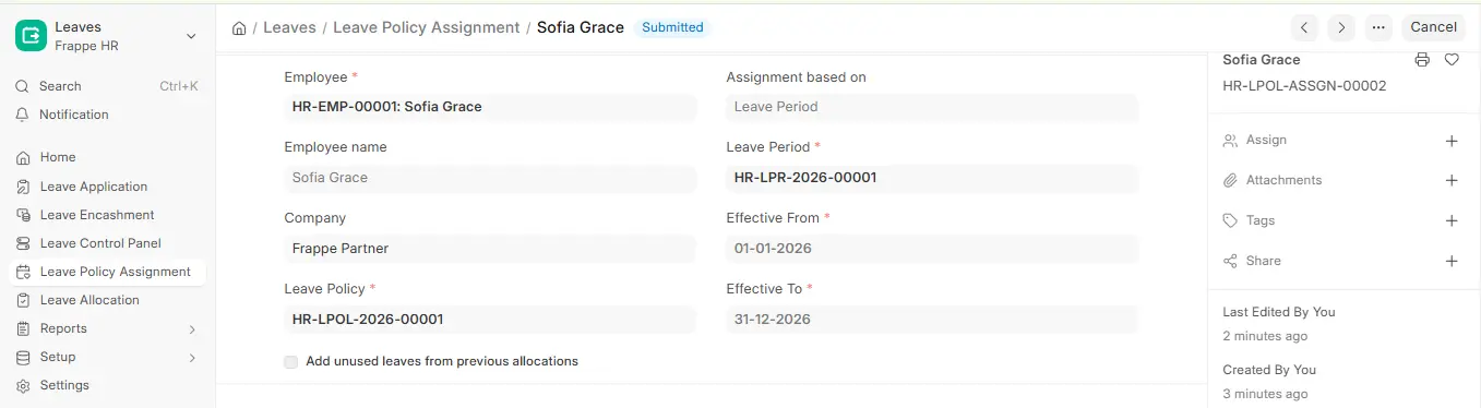Leave Policy Assignment form in ERPNext HR showing employee, leave period, leave policy and effective dates