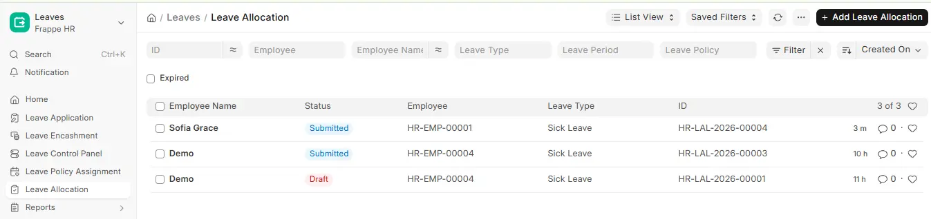 Leave Allocation list in ERPNext HR showing employee names, Sick Leave type, status and allocation IDs