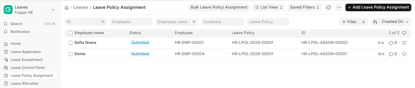 Leave Policy Assignment list in ERPNext HR showing submitted assignments, employees, leave policy and Bulk Leave Policy Assignment button