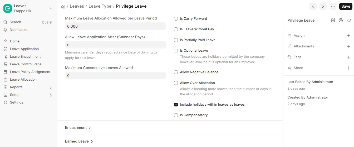 Frappe HR Leave Type settings showing Privilege Leave allocation, carry forward, over allocation, and leave options