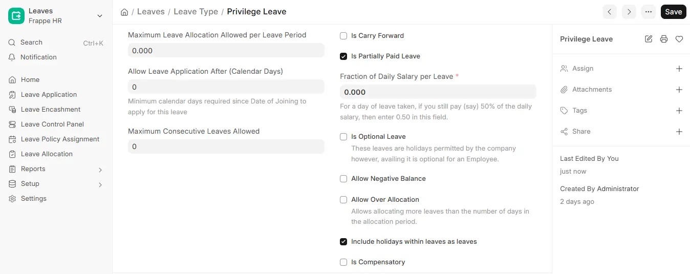 Frappe HR Privilege Leave settings showing partially paid leave, salary fraction, leave allocation, and over allocation options