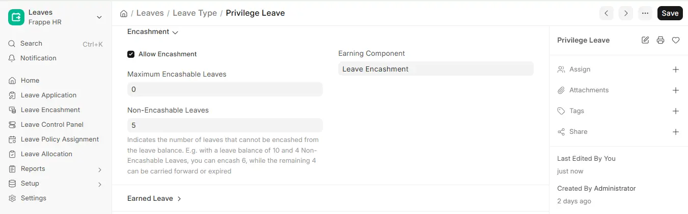 Frappe HR Privilege Leave settings showing leave encashment, maximum encashable leaves, non-encashable leaves, and earning component