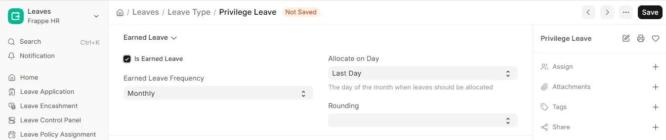 Frappe HR Privilege Leave settings showing earned leave, monthly allocation frequency, allocation day, and rounding options