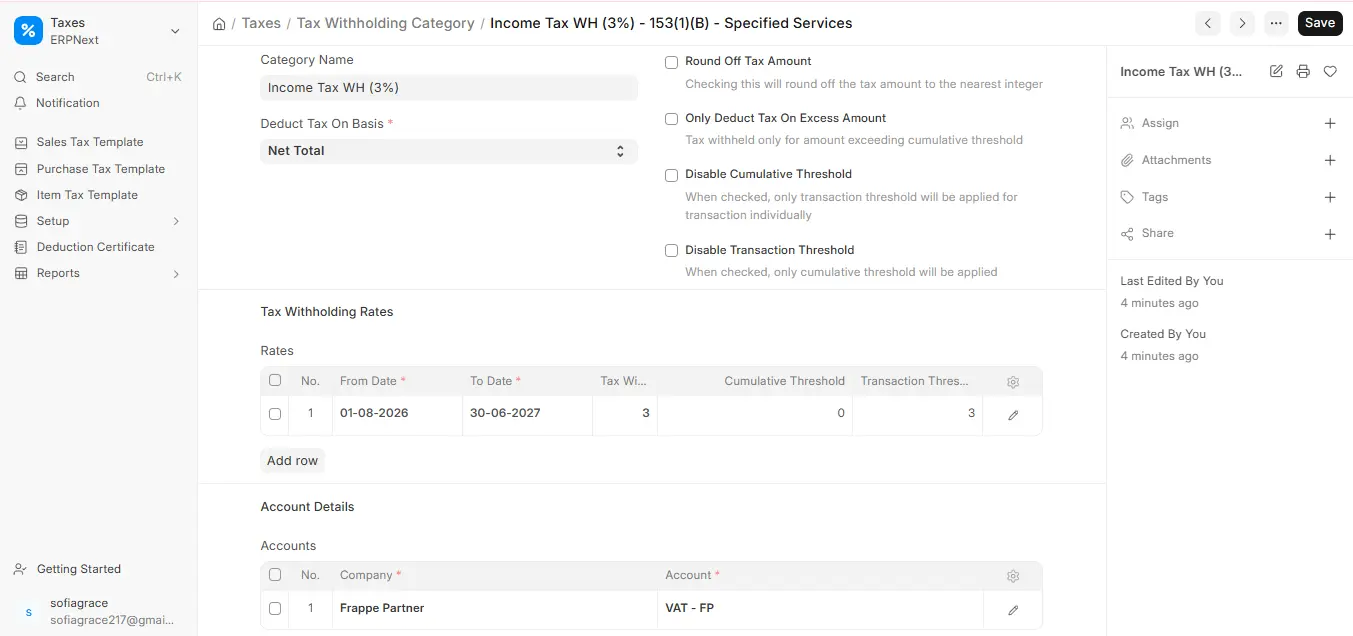ERPNext Tax Withholding Category setup showing rates, thresholds, and account details for Income Tax WH 3%